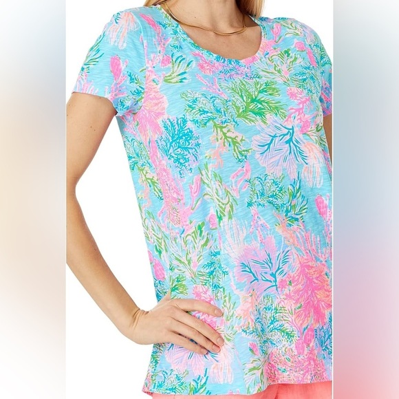 Lilly Pulitzer Etta Scoop Neck Top in Celestial Blue Cay To My Heart, Size M - Picture 2 of 9